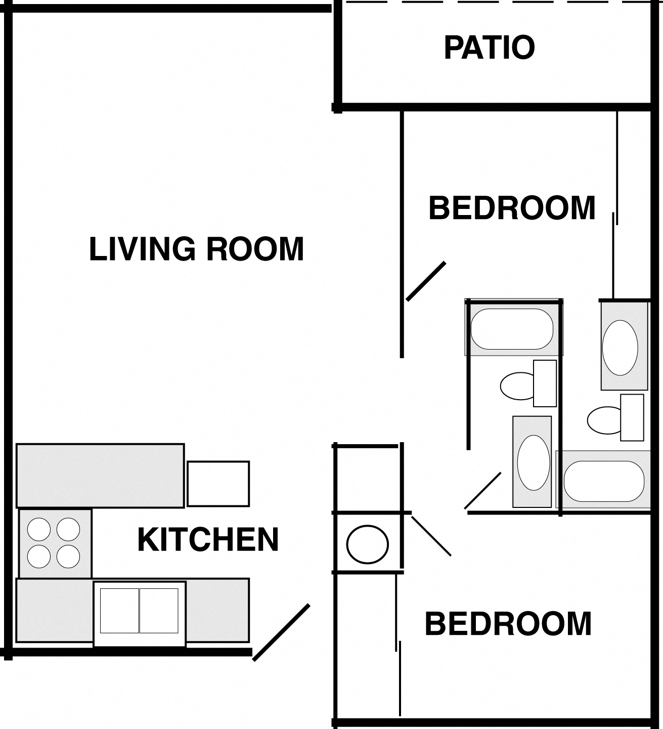 Floor plan for 2 beds, 2 baths, 1000 sqft